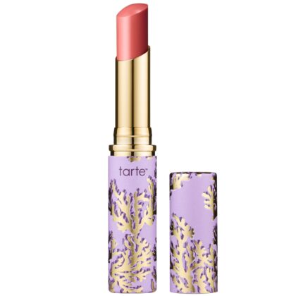 Photo of Tarte lipstick opened in a rose shade, purple packaging, and cap on the right