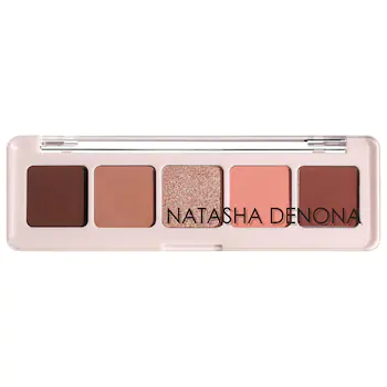Photo of palette with five shades, dark plum, nude, sparkly pink, light pink, and burgundy left to right.