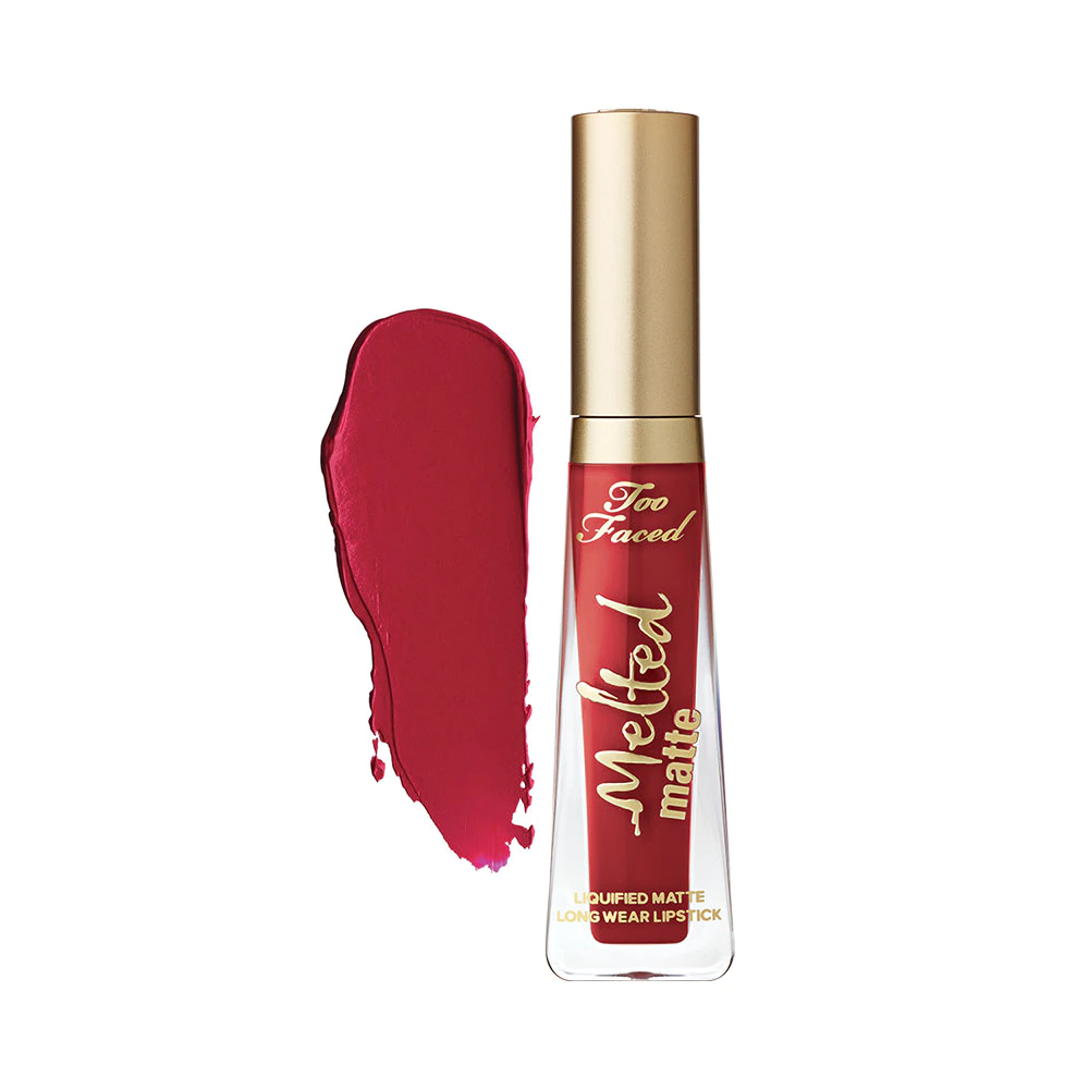 Photo of too faced melted liquid lipstick in red with a color swatch on the left